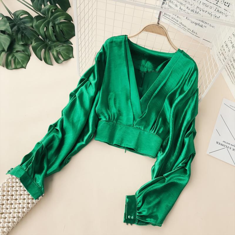 Retro nữ tính áo sơ mi Châu Âu và Mỹ phong cách V-Cổ bầu không khí thời trang satin đèn lồng tay áo cao eo hoang dã áo sơ mi lỏng lẻo phụ nữ áo sơ mi voan kiểu hàn quốc
