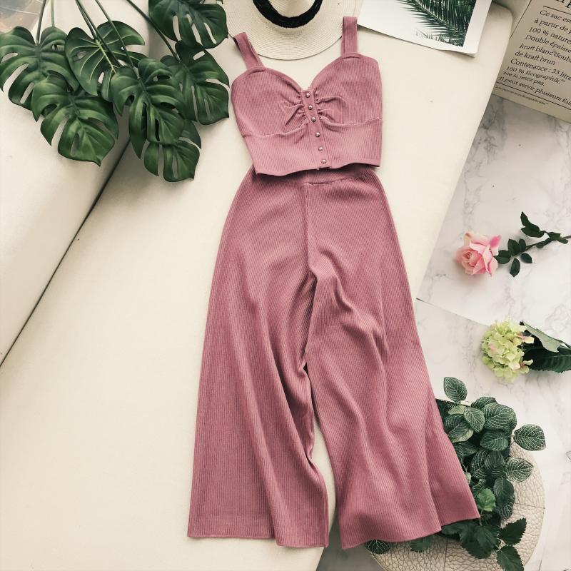 Hàn quốc phiên bản của thời trang đan phù hợp với một cách cẩn thận máy xếp li V-Cổ yếm trong top + đàn hồi cao eo chân rộng hai mảnh đồ công sở nữ
