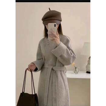 Autumn and winter new high-end french fashion hepburn style women's long round neck waist slimming double-sided wool coat
