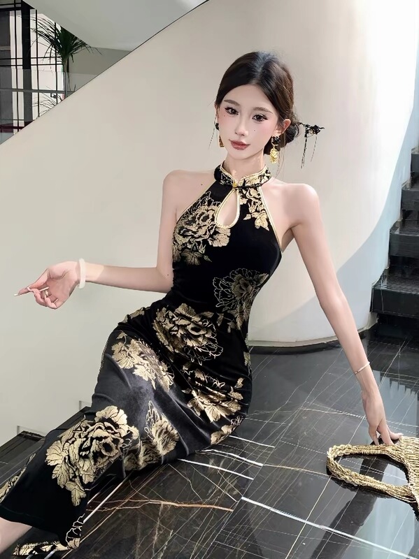 New Chinese-Style National Style Sexy Sleeveless Velvet Bodycon Dress 26 Summer New Long Dress