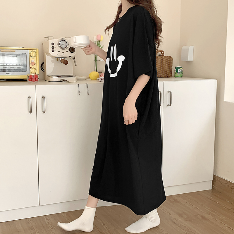 Cute Smiley Face Nightgown for Women, Modal Summer Thin Style, Plus Size, 150kg Fat Mm, Loose Short-Sleeved Long Dress
