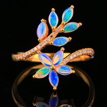 Customized 0 43 carat opal ring with bright mysterious dreamy mosaic pattern 18K gold and diamonds