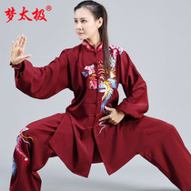 Dream Tai Chi maroon red Tai Chi suit autumn and winter Tai Chi practice suit for men dragon and female phoenix new style elegant and thickened Tencel hemp