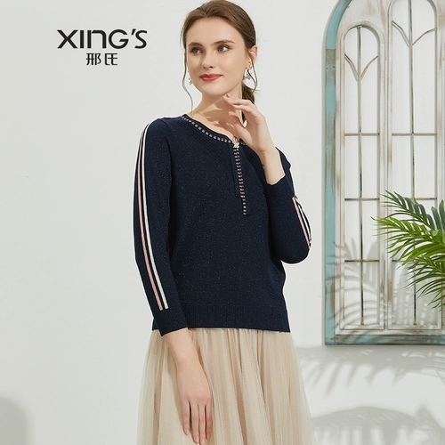 邢氏 Трикотажный тонкий свитер, осенний дизайнерский лонгслив, большой размер, круглый воротник, коллекция 2021, тренд сезона