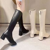 Huili small white boots women do not knee 2021 autumn and winter plus velvet thick heel high boots high heel Knight