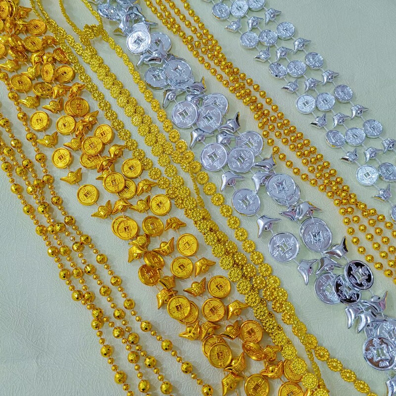 Plastic string beads, gold ingots, copper coin chains, gold mountains, silver mountains, money trees, dragon boats, decorative accessories, DIY handmade materials.