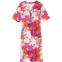 Embrys counter new product pure cotton stand collar mid-length printed nightgown womens comfortable loose home skirt EL00728
