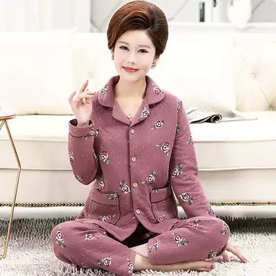 Pajamas women's winter cotton padded thickened cotton autumn and winter winter warm home clothes middle-aged mother suit