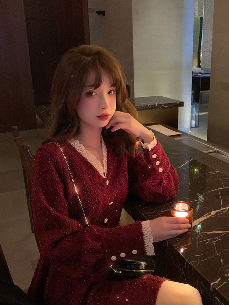 New Year's little red dress sequin dress women's autumn winter French vintage light luxury lady dress Hepburn wind fairy skirt