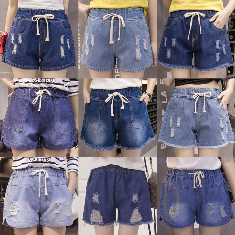 Tightness Waist Denim Shorts Women Summer Fat mm200 Catty Extra Weight Gain Weight Gain Weight Slim 100 Hitch Shorts