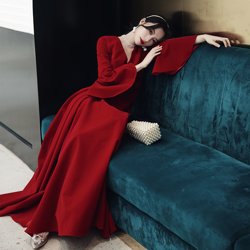 Pregnant women velvet toast bridal belly 2021 new wine red long sleeve banquet big size fat mm evening dress women