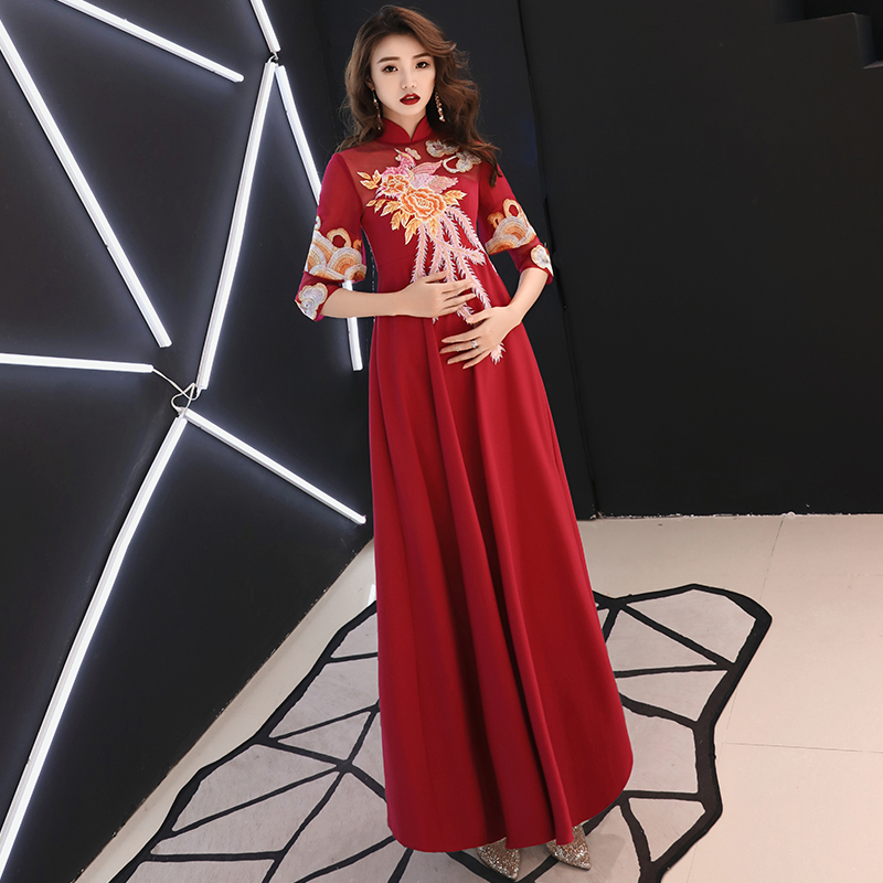 Pregnant woman toast brides with high waisted wine red long sleeves Chinese show and suit big size back door to women fat mm evening gown