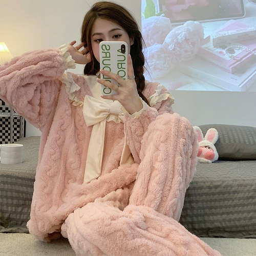 Милая фланелевая пижама с бантиком, демисезонный коралловый бархатный комплект