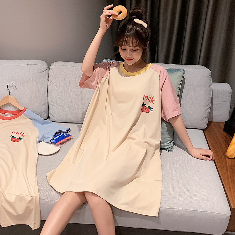 2020 mới của Hàn Quốc phiên bản của bộ đồ ngủ nữ bông dễ thương ngắn tay bộ đồ ngủ mùa hè mỏng dài vừa rộng vừa vặn quần áo về nhà.