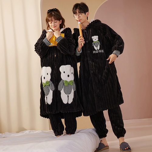 Коралловый бархатный мультяшный зимний банный халат, пижама для влюбленных, длинный фланелевый комплект, увеличенная толщина, длина макси