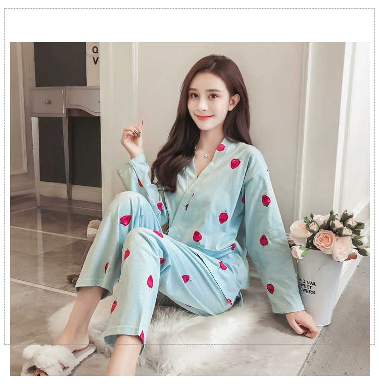 Bộ đồ ngủ kimono nữ mùa xuân và mùa thu dài tay mỏng cotton Nhật Bản phong cách ren tươi sinh viên lỏng lẻo kích thước lớn phù hợp với dịch vụ nhà - Giống cái bộ đồ mặc nhà mùa hè