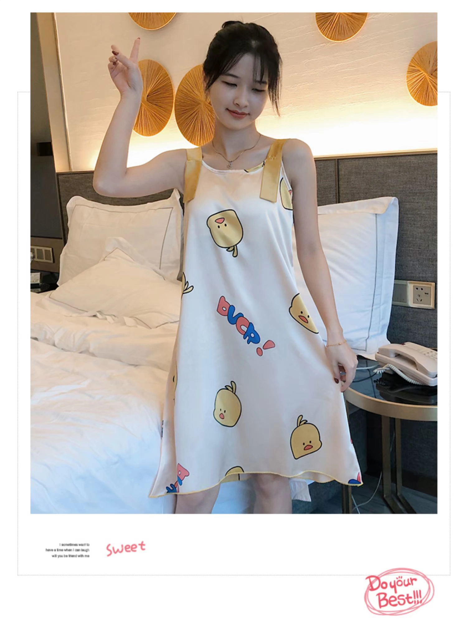 Băng lụa váy ngủ nữ mùa hè mỏng phần dễ thương cô gái trẻ phục vụ nhà mùa hè lưới hoạt hình màu đỏ bộ đồ ngủ vịt dễ thương có thể mặc bên ngoài - Đêm đầm