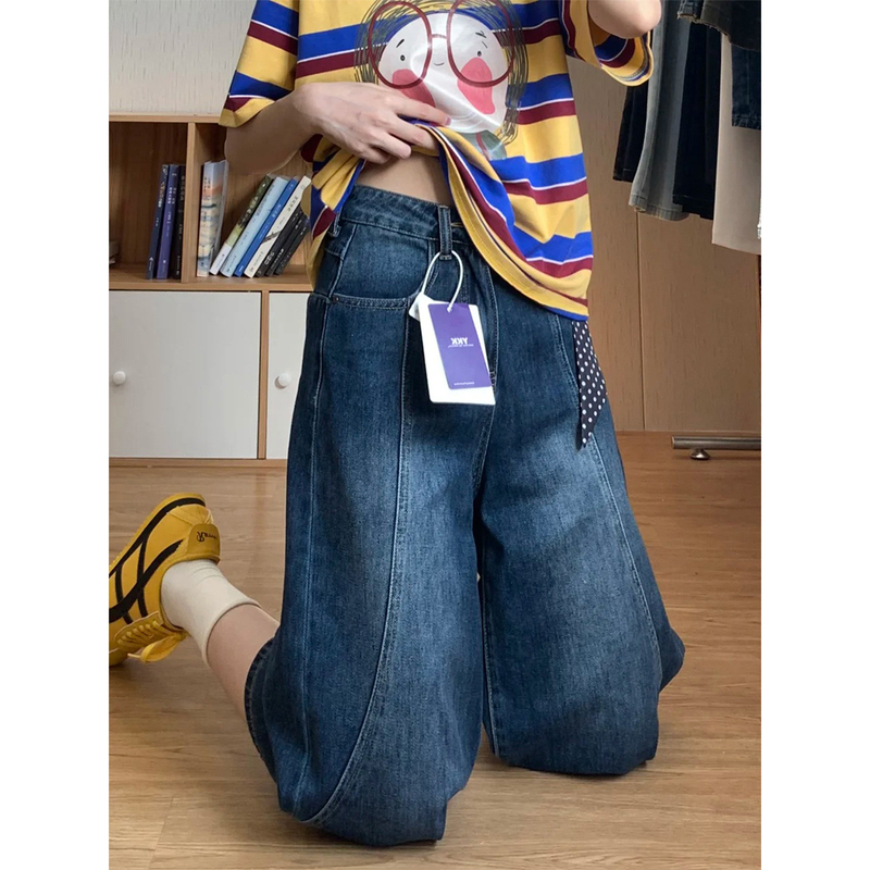 Vintage Blue Cropped Jeans 2026 New Style Women's Summer Petite Wide-Leg Mid-Length Pants Plus Size Fat mm Super Pretty Pants