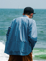  UrbanStandard Japanese stand-up collar shirt Mens loose pullover blue shirt Spring and summer long-sleeved front short back long