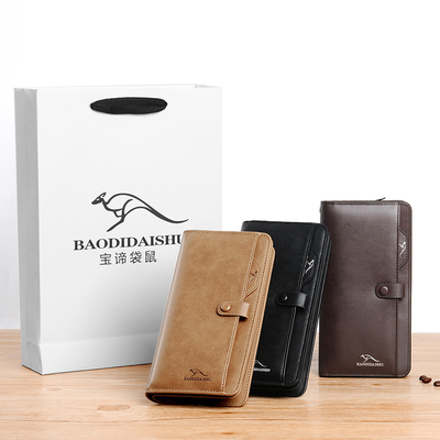 宝谛袋鼠长款钱包男士真皮拉链钱夹牛皮包手包商务手拿包礼盒装