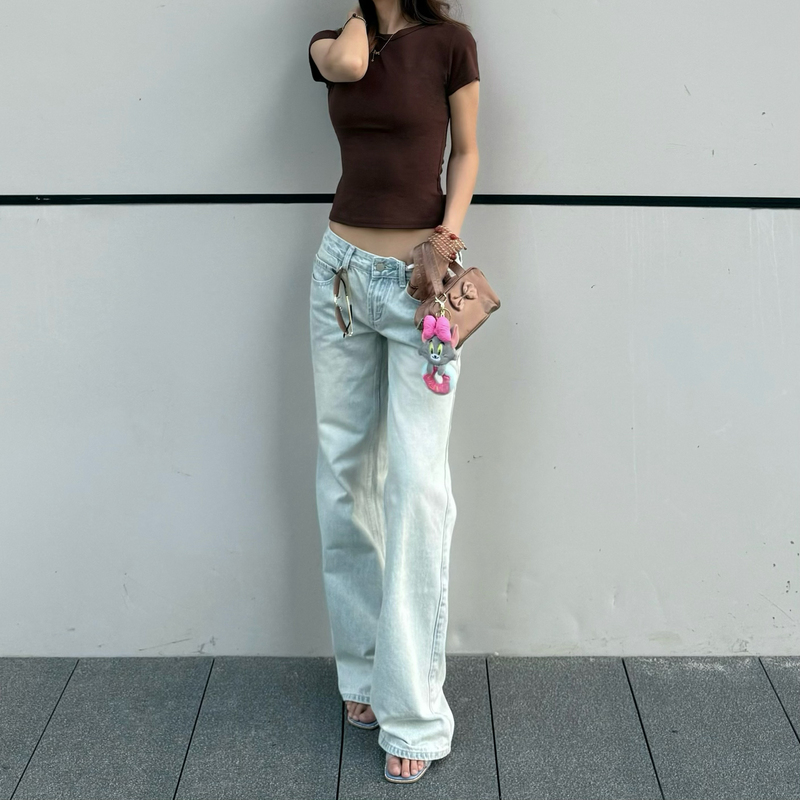 Ssmoon Retro Light Blue Sexy Low Waist! Loose and Versatile Slim Straight Jeans for Original Camera Shooting