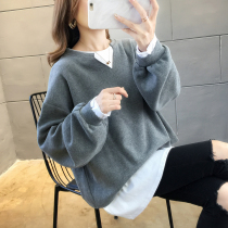 Gray fake two-piece sweater womens spring and autumn thin section 2021 new fashion fat mm large size 200 pounds wild jacket