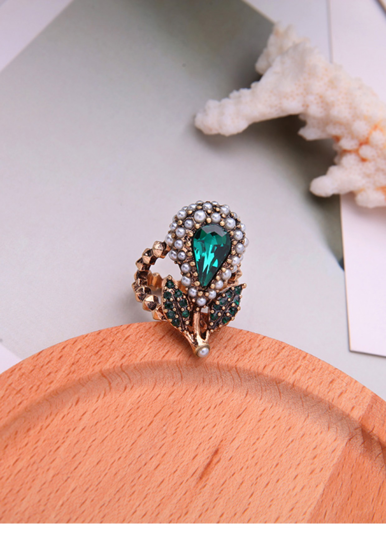 Net đỏ nhẫn nữ phong cách châu Âu và Mỹ retro hợp kim ngọc trai ngọc lá hình chiếc nhẫn phụ kiện váy nhẫn cặp vàng