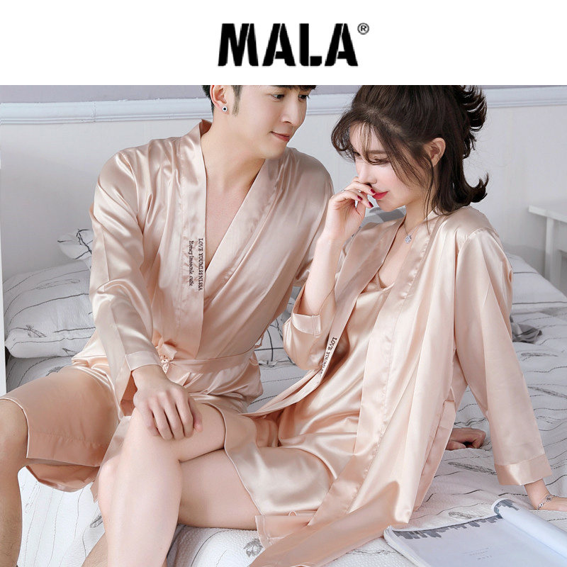 MaLa Ice Silk Pyjamas Woman 2021 Spring Summer New Long Version Sexy Harness Bathrobe Thin couple Two-style suit