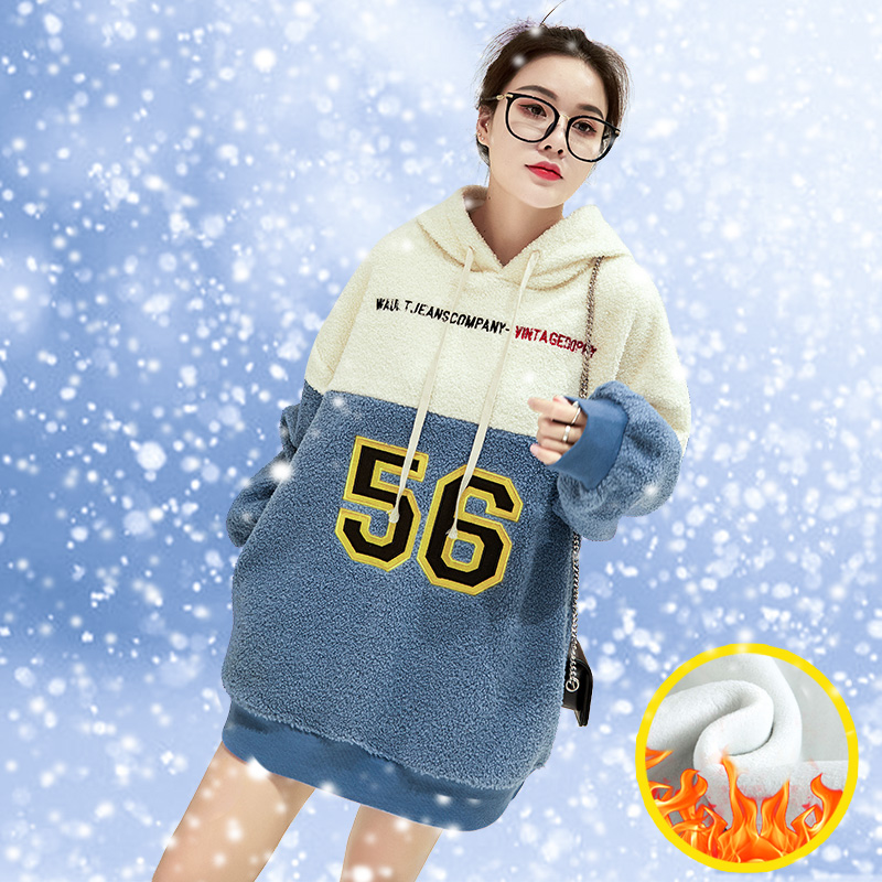 Autumn and winter lamb wool sweater women's plus velvet thickening lazy wind bf loose ins medium and long version plush fleece hooded jacket