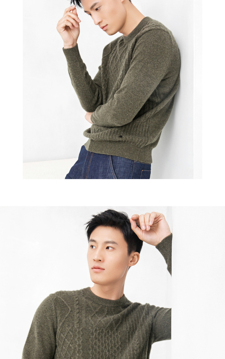 Ordos mùa thu và mùa đông mới màu rắn cổ tròn hoang dã kết cấu xoắn len áo len cashmere - Áo len Cashmere áo da lộn nam
