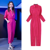 Serious gaga people Qi Weiwei with the same collection Waist Long Sleeves One-piece Trousers Foreign Air Work Pants Loose Casual Pants Lady Spring Autumn