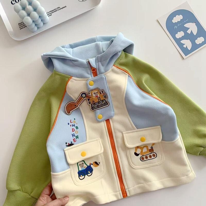 So Cute~ Children's Jacket for Boys, Japanese-Style Cartoon Excavator Hooded Zip-Up Shirt, Baby Windproof Jacket