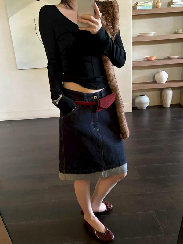 Hot Recommendation: Emoni/Lake High-End Old Money Style with Rolled Edges, a Non-Hip-Hugging Cut, Small A-Line Denim Skirt