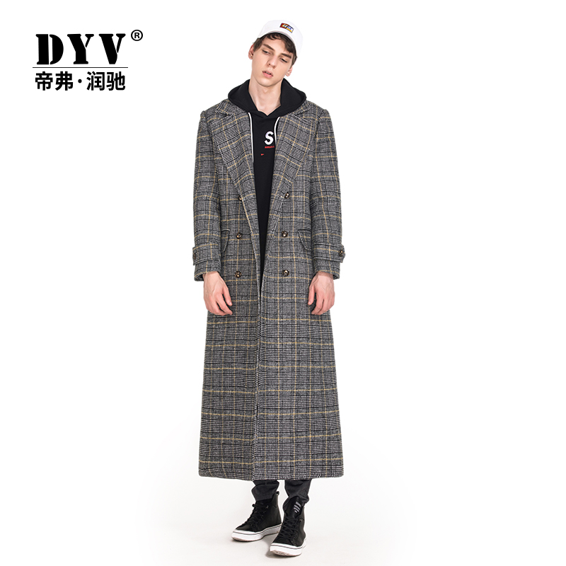 dyv2021 autumn and winter new plaid hair The big coat men's version handsome with a knee-kangbird loose wind coat jacket