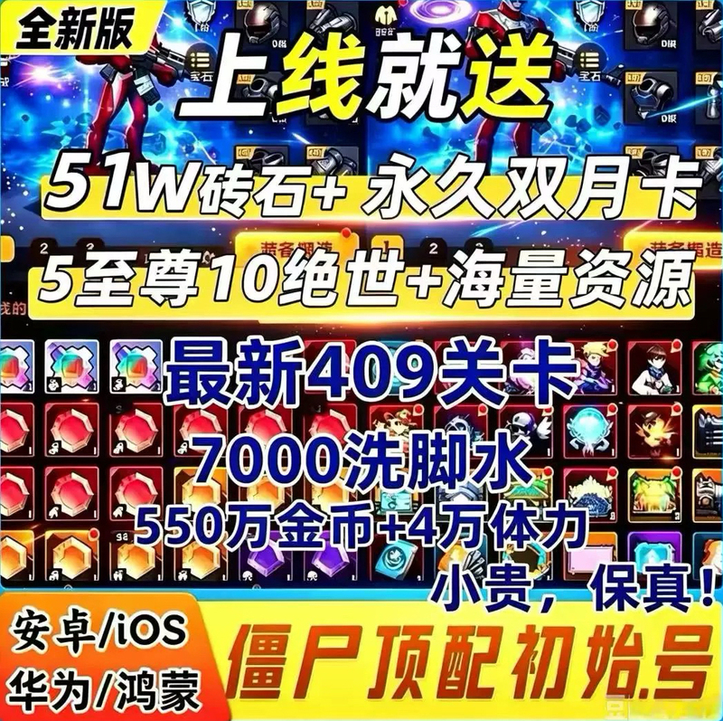 Shoot the Zombies Mobile Game Starter Account Comes with 510,000 Diamonds, Permanent Dual Monthly Cards, Colorful Core Skins, and 409 Levels