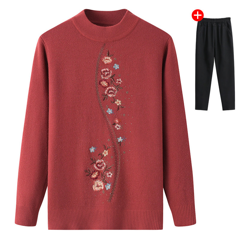 Middle-aged and elderly women's clothing warm clothes middle-aged moms autumn and winter plus suede thickened needling sweaters bottom trektop