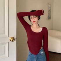 Short sashimi with undershirt long sleeve blouse for women early autumn tights and pure desire for new wine red knitwear t-shirts