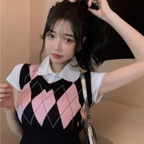 Small Crowdnew Pink Short wearing a lap design Knit Blouse Womens Spring Dress Plaid Outside Wearing Sweater Waistcoat Waistcoat
