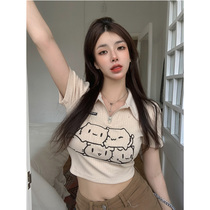 Short section sashimi short sleeve turned collar cartoon printed half zipped blouses womens spring loaded with sweet and spicy wind small crowdsourced design feel t-shirt