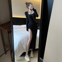 2021 waist slim split long skirt spring summer temperament fairy French tight skirt light cooked split dress