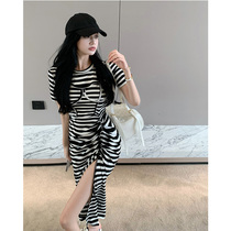 Small balsamic wind short sleeve hot girl with open fork high waist drawing rope collared striped dress with dress feminine in a long style dress