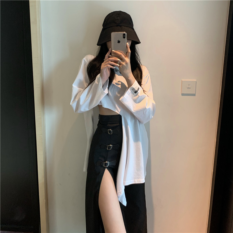 High waist mid-length version of dress Children 2022 New spring summer black Xianthin student Han version over knee a half body dress