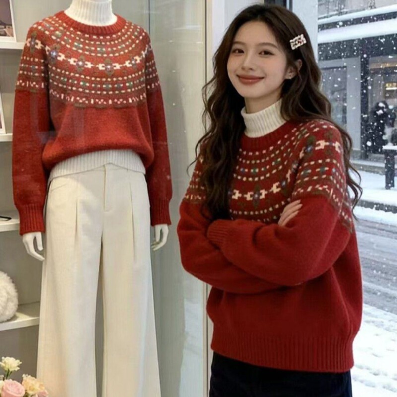 Atmospheric! Christmas Red Retro Petite Lazy Style Sweater for Women, Loose Fair Isle Niche Autumn and Winter Top Atmospheric! Christmas Red Retro Petite Lazy Style Sweater for Women, Loose Fair Isle Niche Autumn and Winter Top