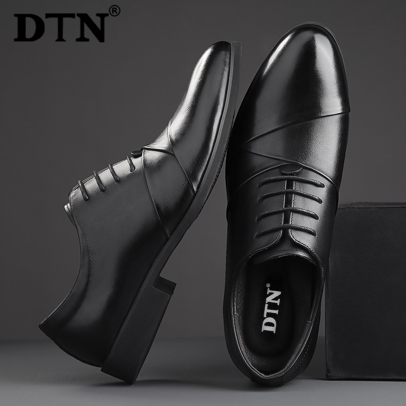 DTN men's leather shoes men's leather business casual inner heightened British trend work shoes black soft bottom clearance