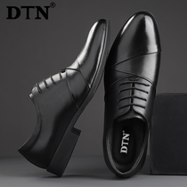 DTN mens leather shoes mens leather business casual inner heightening British trend work shoes black soft bottom clearance