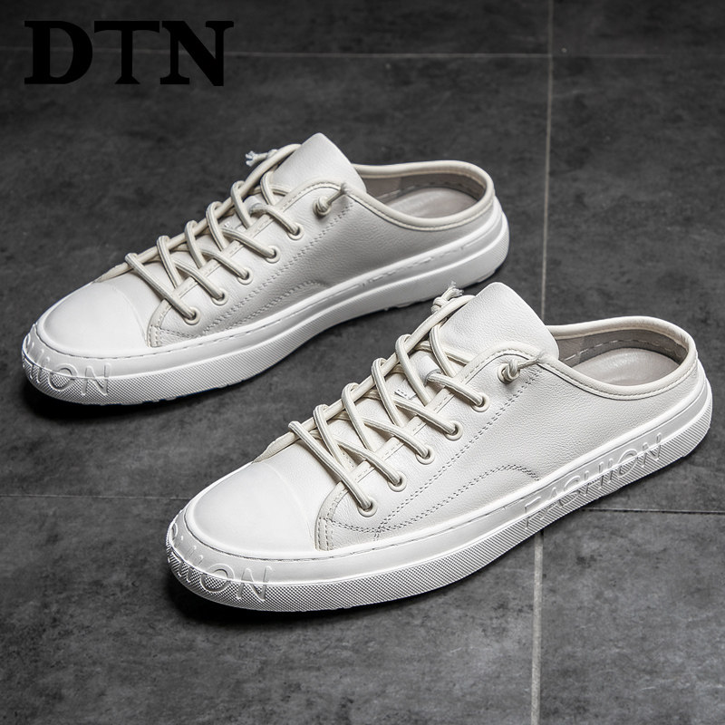 dtn summer new heelless half drag small white shoes men's all-match leather men's casual shoes soft bottom shoes men's tide