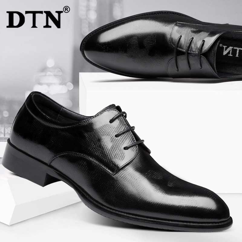 DTN men's shoes men's formal leather shoes men's leather plaid Korean version business casual British black work shoes men