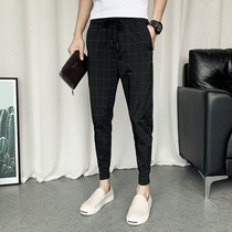 Spirit guy summer pants men Korean version of slim nine-point plaid pants Ice Silk ultra-thin air conditioning tie pants men
