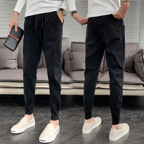 Net red tie pants mens elastic waist Tide brand casual pants Korean version of the trend close small foot slim ankle-length pants