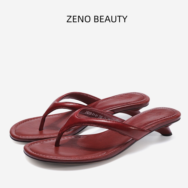 Zeno Beauty Genuine Leather Flip-Flops for Women, Summer Outdoor Wear, High-End Kitten Heel Thong Sandals
